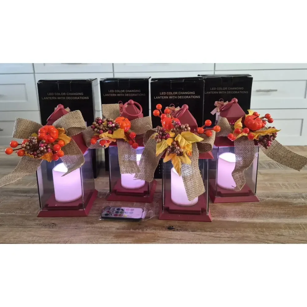 Set of 4 Harvest LED Color Changing Lanterns - Fall Pumpkin Decor - New